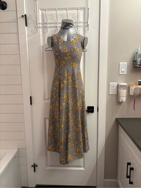 Sleeveless Yellow Floral Gingham Midi Dress